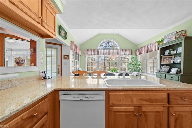 kitchen with a sink, vaulted ceiling, light stone countertops, dishwasher, and open shelves