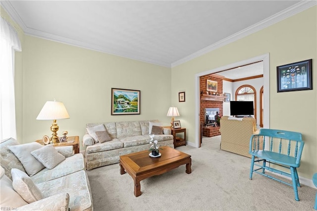 living room featuring carpet floors, a fireplace, ornamental molding, and baseboards