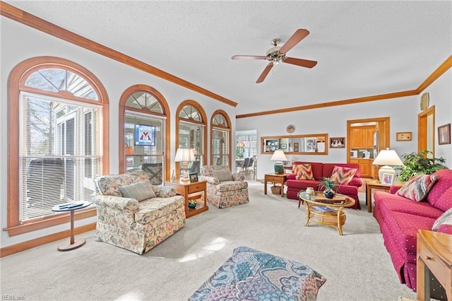 carpeted living area with a textured ceiling, a ceiling fan, and crown molding