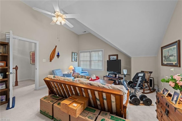 recreation room with light carpet, baseboards, a ceiling fan, and lofted ceiling