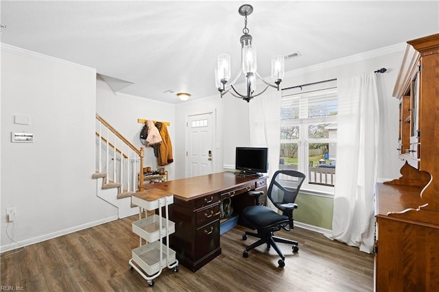 office featuring baseboards, dark wood-type flooring, a notable chandelier, and crown molding