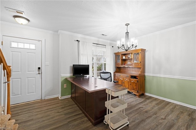 office space featuring ornamental molding, dark wood-style flooring, and visible vents