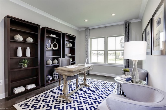 office featuring baseboards, dark wood-type flooring, crown molding, and recessed lighting