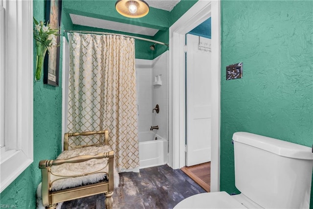 full bathroom with toilet, shower / bath combo with shower curtain, wood finished floors, and a textured wall