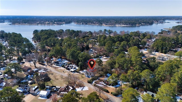 bird's eye view with a water view and a wooded view