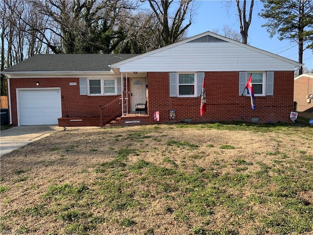 single story home with an attached garage, brick siding, driveway, crawl space, and a front yard