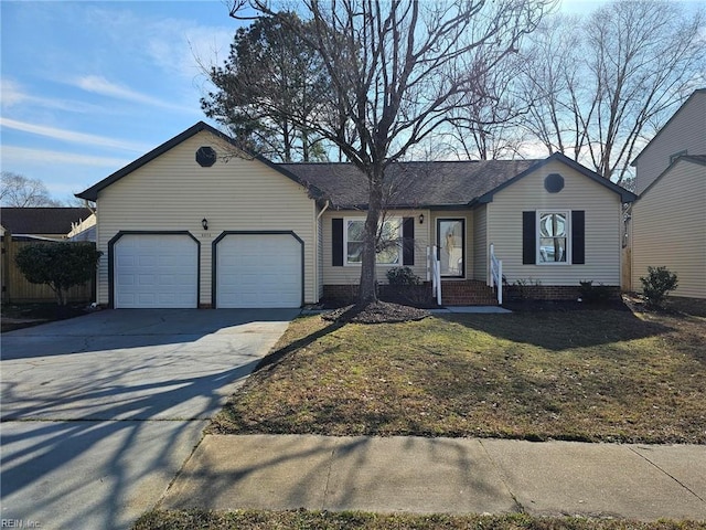 single story home featuring an attached garage, driveway, and a front lawn