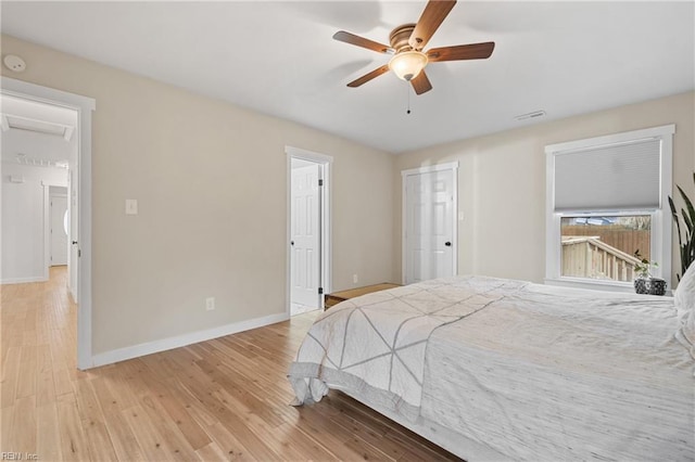 bedroom with visible vents, light wood-type flooring, a ceiling fan, and baseboards