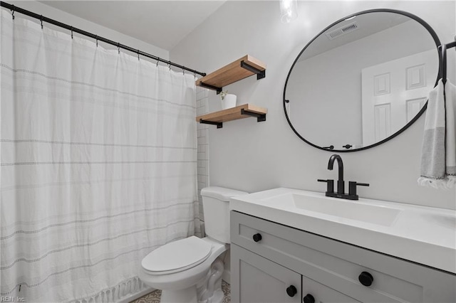 full bathroom with a shower with shower curtain, visible vents, vanity, and toilet