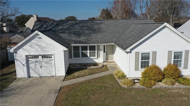 single story home featuring an attached garage, driveway, a front yard, and roof with shingles