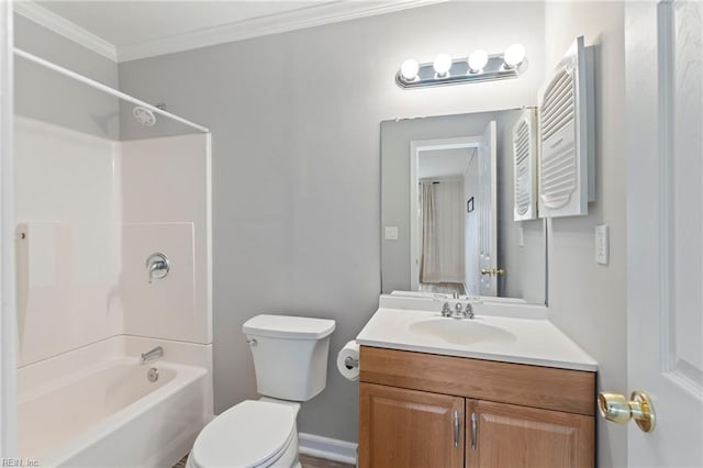 bathroom featuring crown molding, vanity, toilet, and shower / bathtub combination