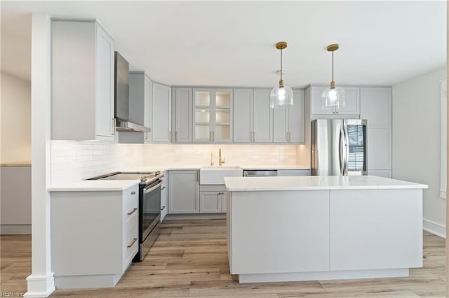 kitchen featuring tasteful backsplash, appliances with stainless steel finishes, a center island, wall chimney range hood, and a sink