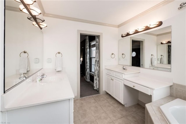 full bath with tile patterned flooring, two vanities, crown molding, and a sink