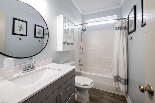 full bathroom with toilet, wood finished floors, vanity, ornamental molding, and shower / bath combination with curtain