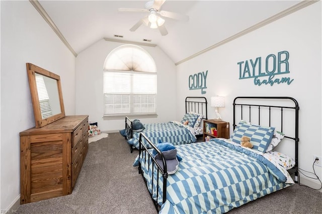 bedroom with visible vents, a ceiling fan, vaulted ceiling, crown molding, and carpet floors