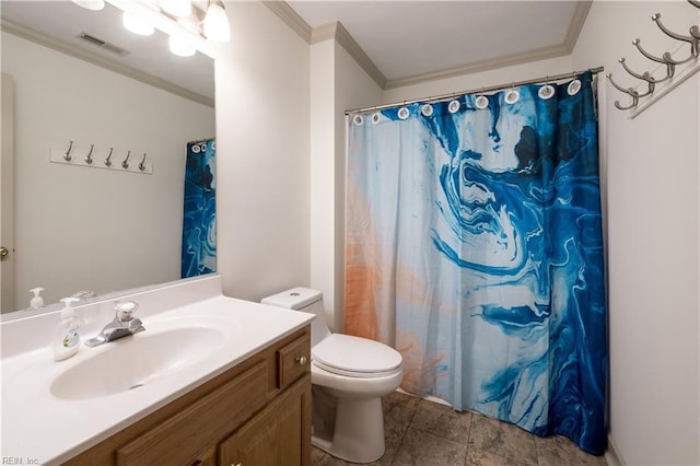 bathroom with crown molding, curtained shower, visible vents, toilet, and vanity