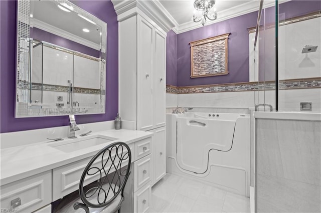 full bathroom with a bathing tub, an enclosed shower, crown molding, and vanity