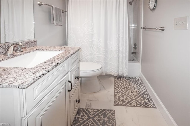 full bathroom featuring shower / bath combo, baseboards, toilet, marble finish floor, and vanity