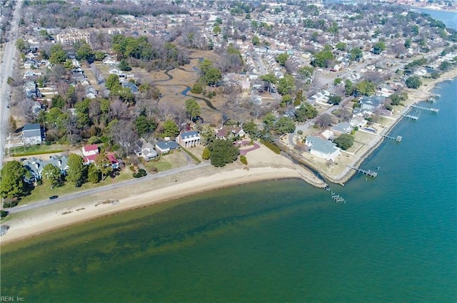 aerial view featuring a water view and a beach view