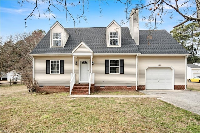 cape cod home with driveway, roof with shingles, crawl space, an attached garage, and a front yard