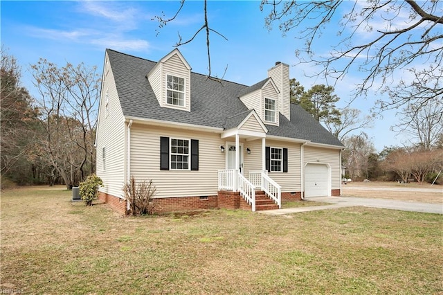 new england style home with concrete driveway, a front lawn, crawl space, and a shingled roof