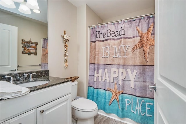 bathroom featuring toilet, wood finished floors, vanity, and a shower with curtain