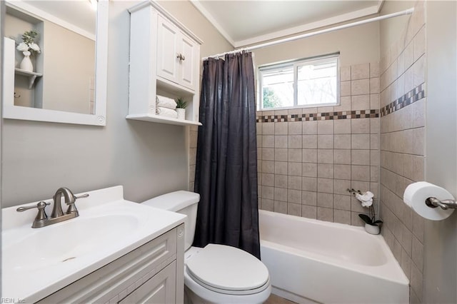 bathroom with toilet, shower / bath combo, and vanity