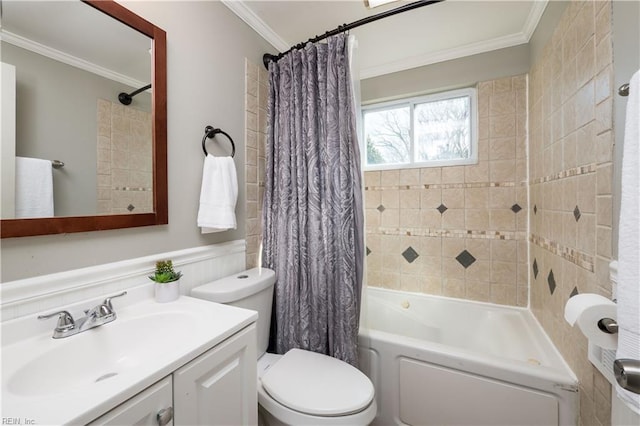 full bathroom with toilet, crown molding, shower / bathtub combination with curtain, and vanity