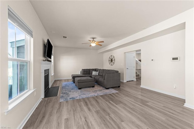 living area with light wood finished floors, a fireplace, and a wealth of natural light