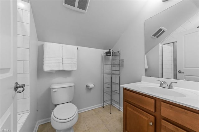 full bathroom with visible vents, toilet, vaulted ceiling, walk in shower, and vanity