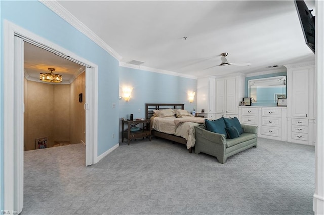 bedroom featuring light carpet, ceiling fan, ornamental molding, and baseboards