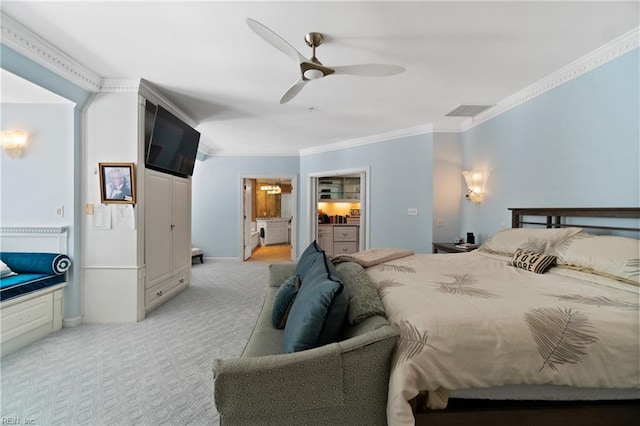 bedroom featuring light carpet, visible vents, connected bathroom, ceiling fan, and crown molding