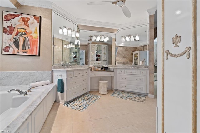 full bath featuring ceiling fan, tile patterned flooring, vanity, and a bath