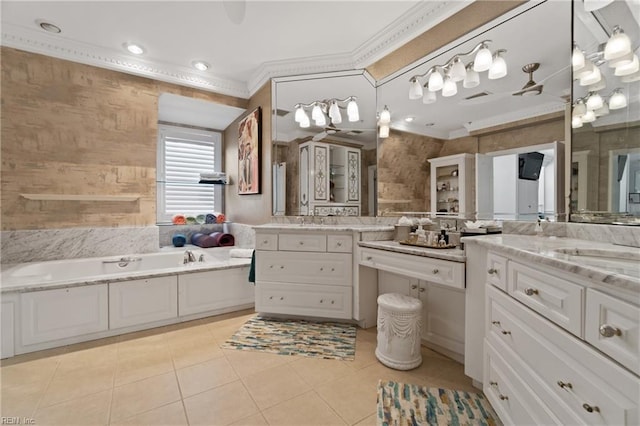 full bath with visible vents, vanity, a bath, tile patterned floors, and crown molding