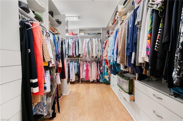 walk in closet with light wood finished floors