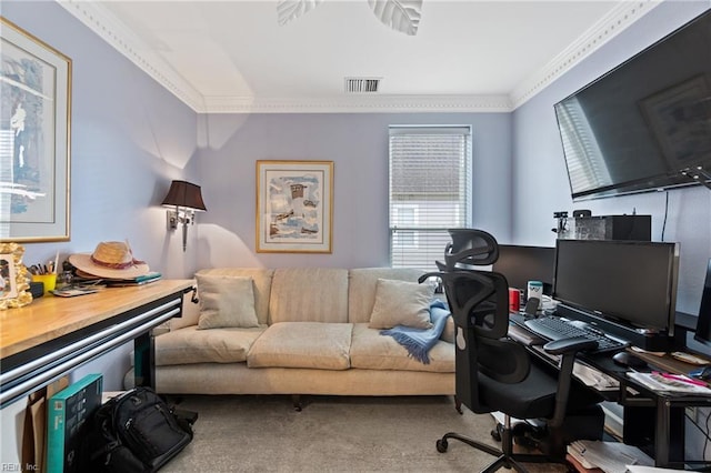 carpeted home office with ornamental molding and visible vents