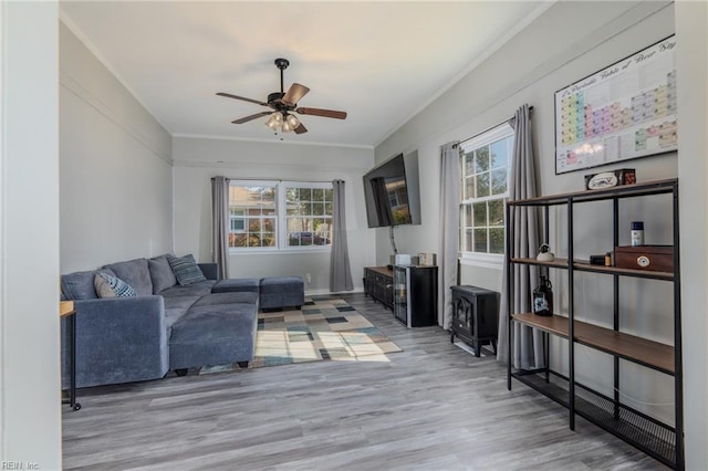 living area with a ceiling fan, crown molding, and wood finished floors