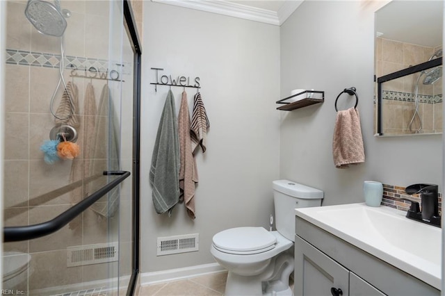 bathroom featuring vanity, visible vents, decorative backsplash, a stall shower, and crown molding