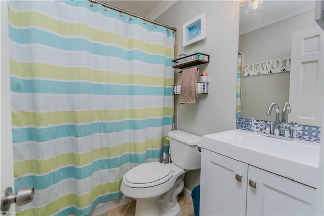 bathroom featuring toilet, ornamental molding, vanity, a shower with curtain, and tile patterned floors