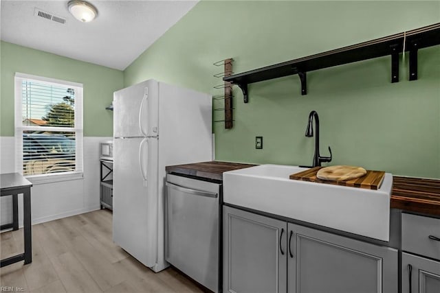 kitchen with a sink, wood counters, visible vents, appliances with stainless steel finishes, and gray cabinets