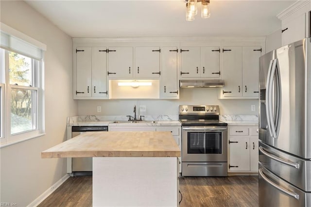 kitchen featuring a kitchen island, stainless steel appliances, under cabinet range hood, white cabinetry, and a sink