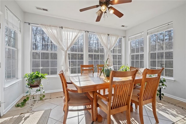 sunroom with a ceiling fan and visible vents