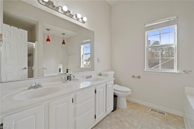 full bathroom with visible vents, a sink, toilet, and a shower with door