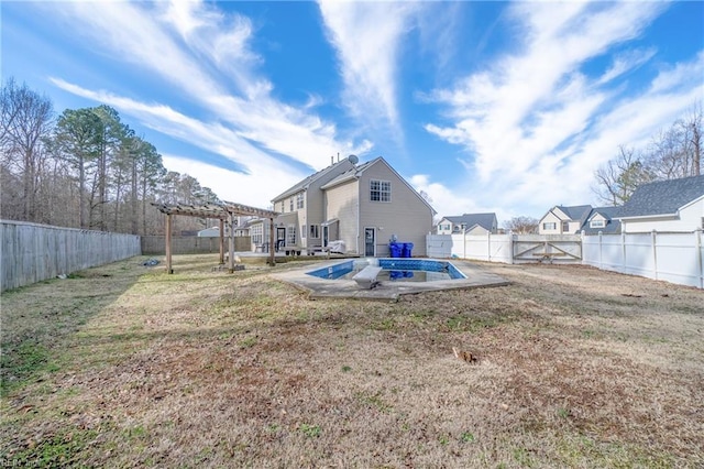 exterior space featuring a yard, a fenced backyard, a pergola, and a patio