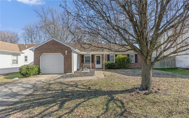 ranch-style home featuring concrete driveway, brick siding, a front lawn, and an attached garage