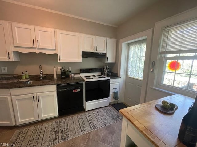 kitchen with under cabinet range hood, electric range, a sink, white cabinetry, and dishwasher