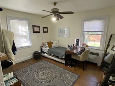 bedroom featuring radiator, multiple windows, and wood finished floors