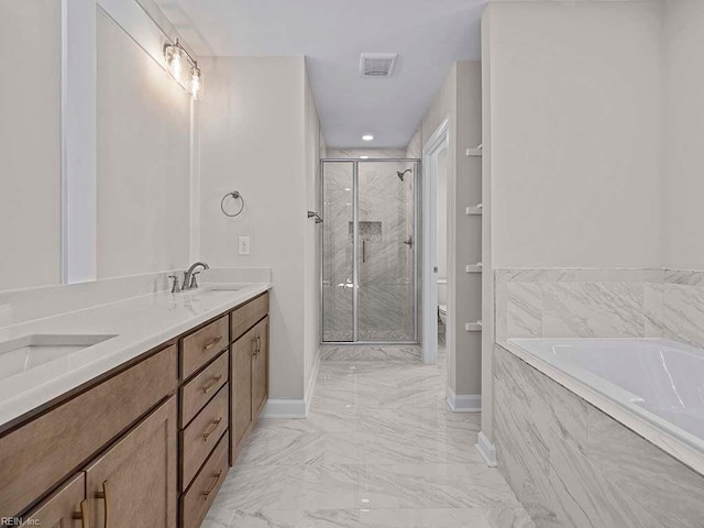 bathroom featuring marble finish floor, a marble finish shower, double vanity, visible vents, and toilet