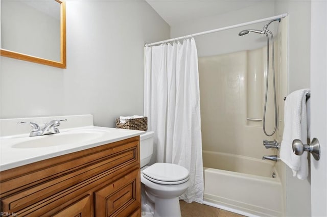 full bath with toilet, shower / tub combo, tile patterned flooring, and vanity