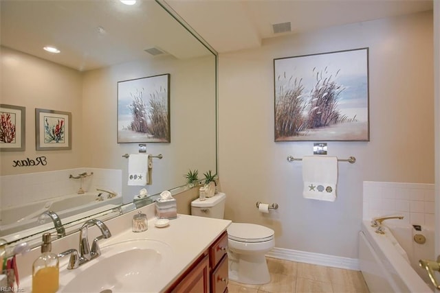 full bathroom with visible vents, a garden tub, vanity, and toilet